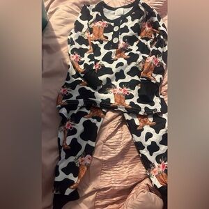Cow Print Pajama Set with Floral Cowboy Boots
